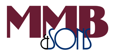 MMB & Sons logo. Burgandy colored letters reading MMB with black and navy letters reading & Sons